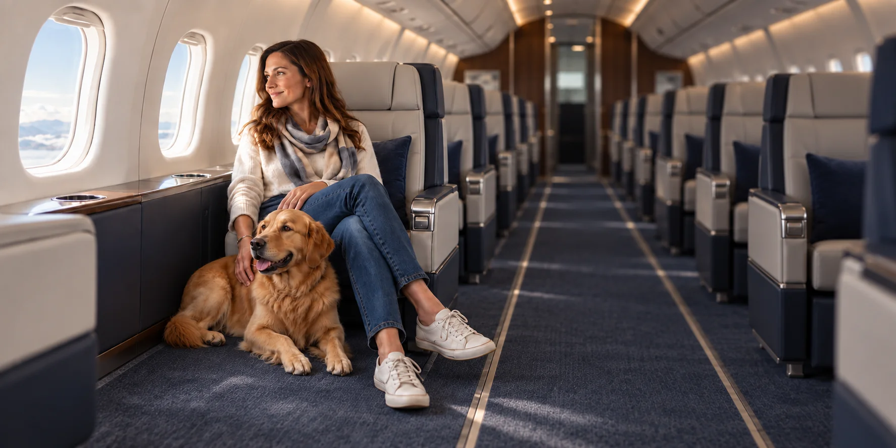 A traveller seated beside her golden retriever in a spacious premium aircraft cabin