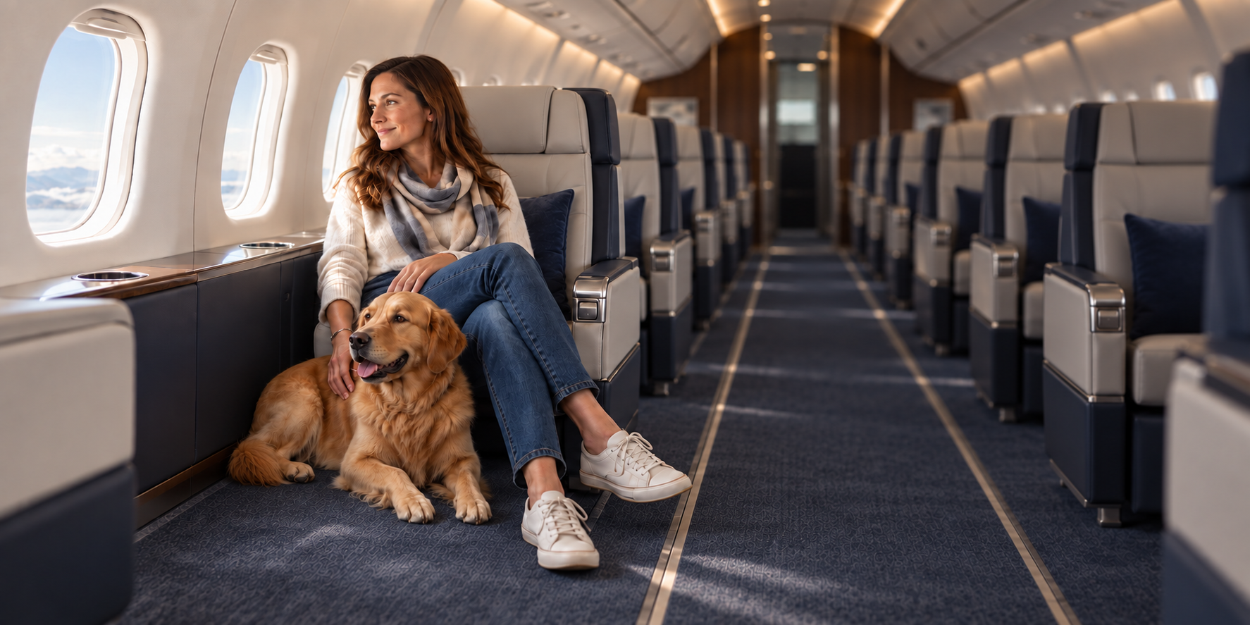 A traveller seated beside her golden retriever in a spacious premium aircraft cabin
